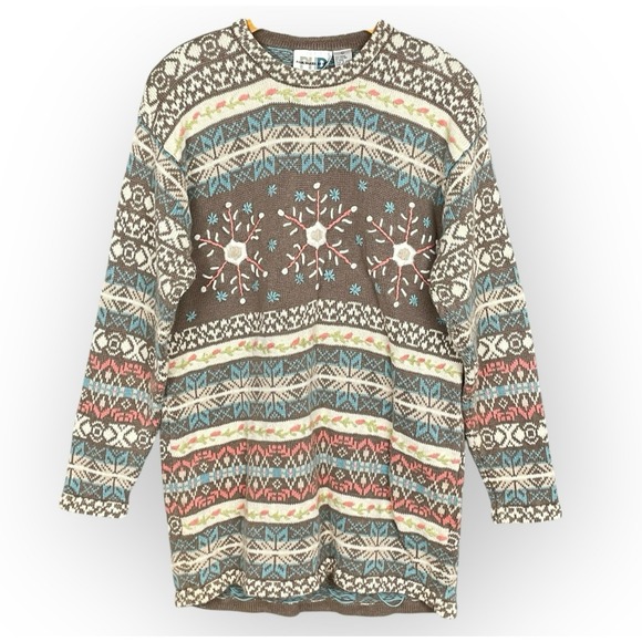 VTG Paul Harris Womens Fair Isle Embroidered Long Sweater Size L Cabincore 90s - Picture 1 of 8